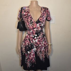 ☆Apt. 9 Black Floral Wrap Dress with Pink and White Blooms☆